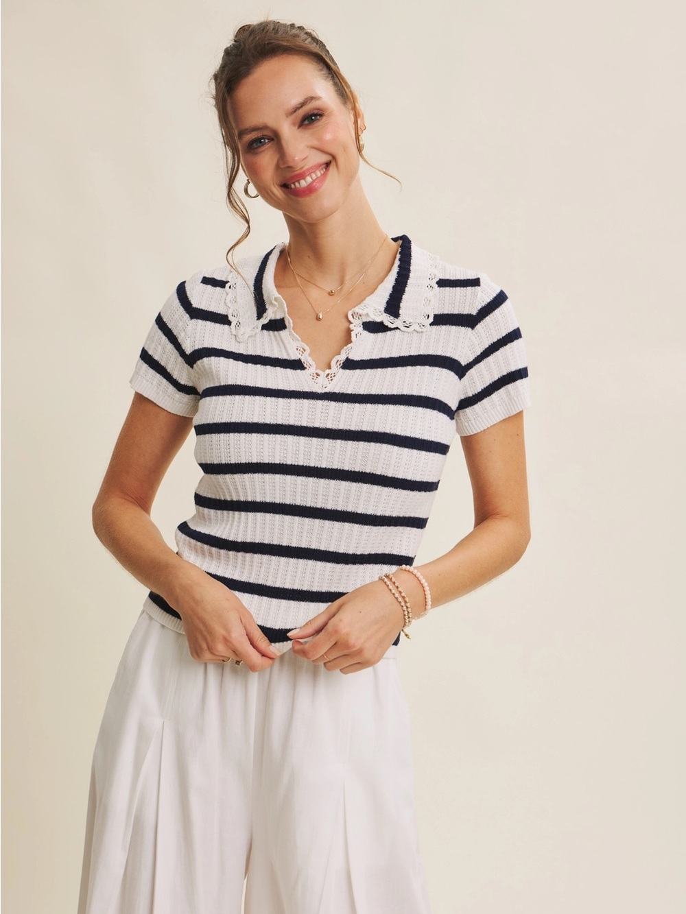 Sweet Timeless Delicate Crochet Pointelle Stripe Sweater Top Size Small